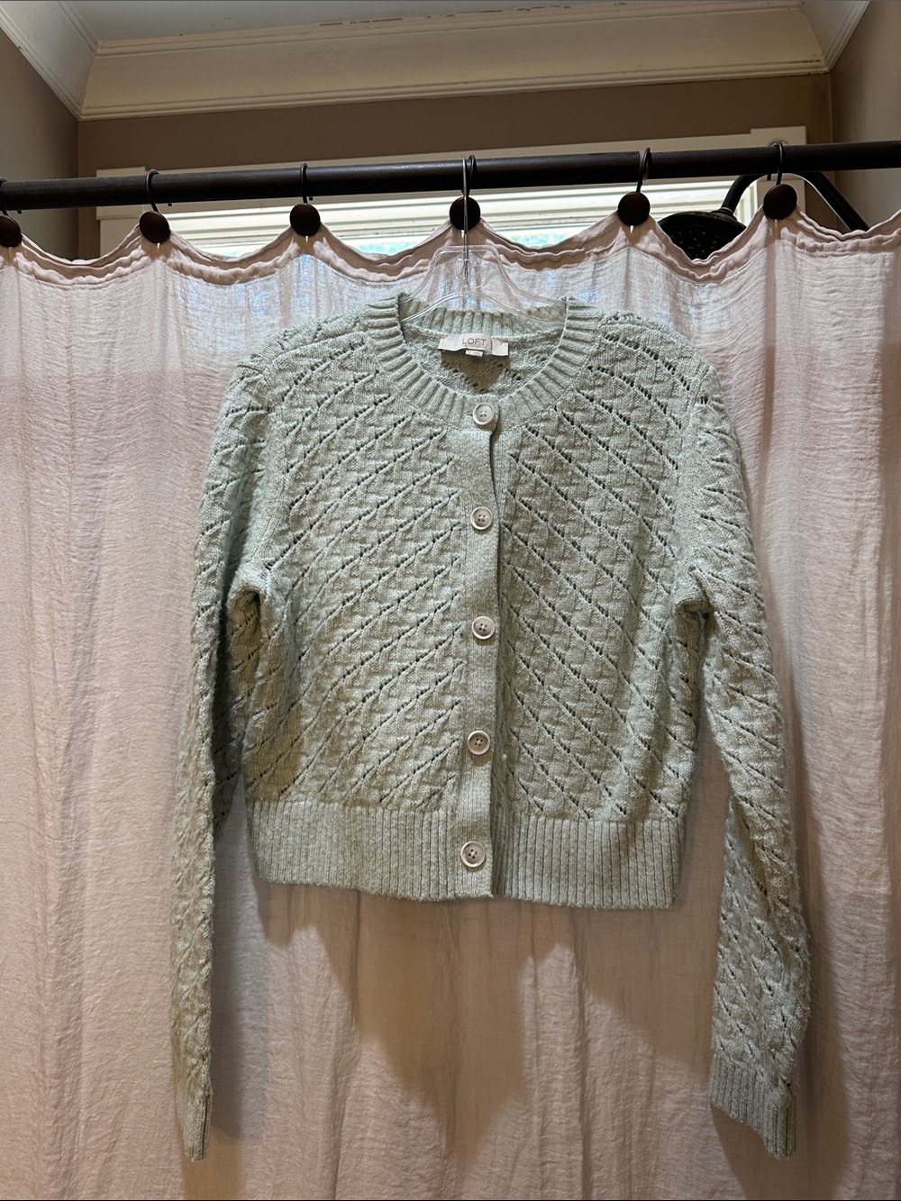 LOFT Pale Mint Diamond-Knit Button Cardigan